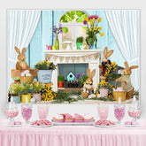 Weiß Vorhang Blau Wand Kaninchen Glücklich Ostern Hintergrund